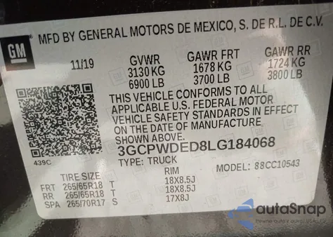 2020 Chevrolet Silverado 1500 2Wd Short Bed Rst z USA, uszkodzony, nr VIN 3GCPWDED8LG184068